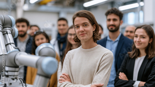 International group of engineering students touring a cobots demonstration cell at a university manufacturing lab, various nationalities visible, global manufacturing education and multicultural STE