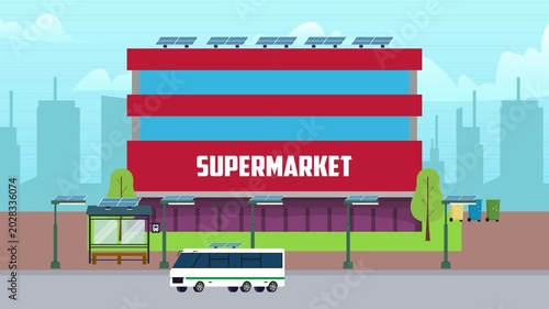 Modern sustainable supermarket building powered by rooftop solar panels, smart city infrastructure with electric bus, eco bus stop, and solar-powered street lamps cartoon animation