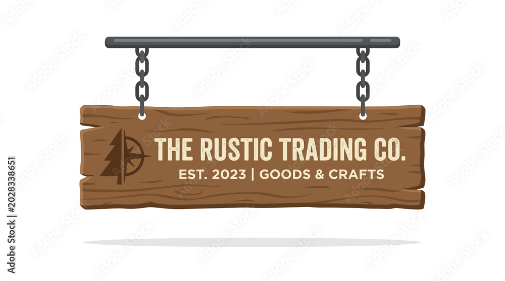 Fototapeta premium wooden shop sign plaque hanging on chain rustic store signboard concept simple wood plate hanging design
