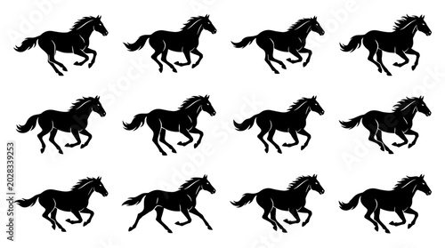 Cuadro en lienzo Black and white running horse silhouette set with dynamic galloping animal icon