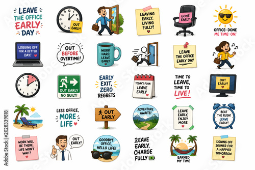 Fotografi Collection of engaging stickers promoting early departure, work-life balance, an