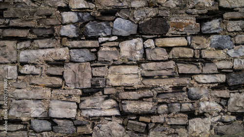 Close up texture of a traditional dry stone wall in rural Ireland.