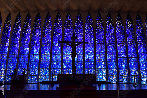 Silhouette of Jesus on the cross and stained-glass windows on Dom Bosco Sanctuary in Brasilia, Federal District, Brazil