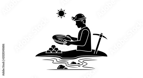 Miner panning for gold in a river with pickaxe and gold bars.