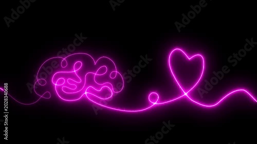 Glowing red neon Brain with heart inside. One line drawing. symbolizing balance of mind and feelings, psychology, emotional intelligence, love, mental health, connection of logic and emotion.