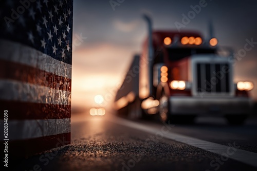 American flag on roadside with freight truck driving at sunset