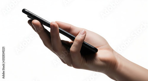 Side view of an open human hand holding a sleek black smartphone isolated on a white background.