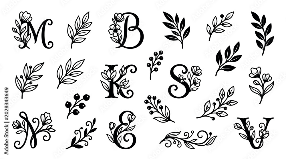 Fototapeta premium Collection of beautiful black floral alphabet letters and botanical branches with elegant hand-drawn flowers and leaves, creating a decorative set of custom monograms