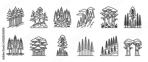 Black and white line art icon collection of various forest scenes and trees, including pine, sequoia, and fir, designed in a simple, clean, and modern vector illustration style