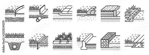 Collection of black line art icons illustrating various landscape edging and garden drainage system techniques with cross-sections of soil, grass, pavers, and retaining walls