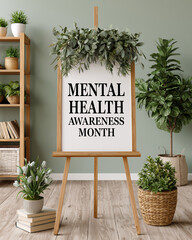 A white sign on a wooden easel with green foliage reads "MENTAL HEALTH AWARENESS MONTH" surrounded by potted plants in a room.