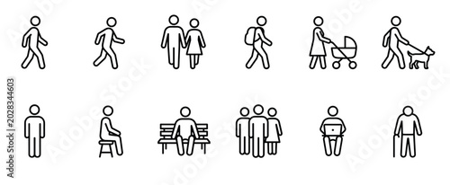 Set of black line icons depicting people in various everyday situations, showing figures walking, sitting, a couple, a parent with a stroller, and an elderly person