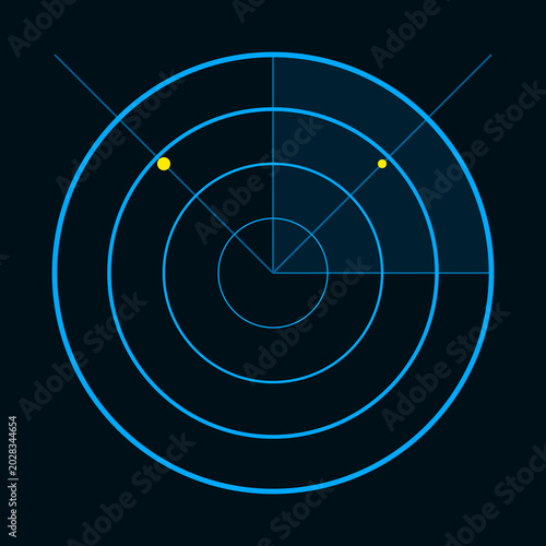 Fotografie Digital sonar screen scanning deep ocean with blue concentric circles and bright