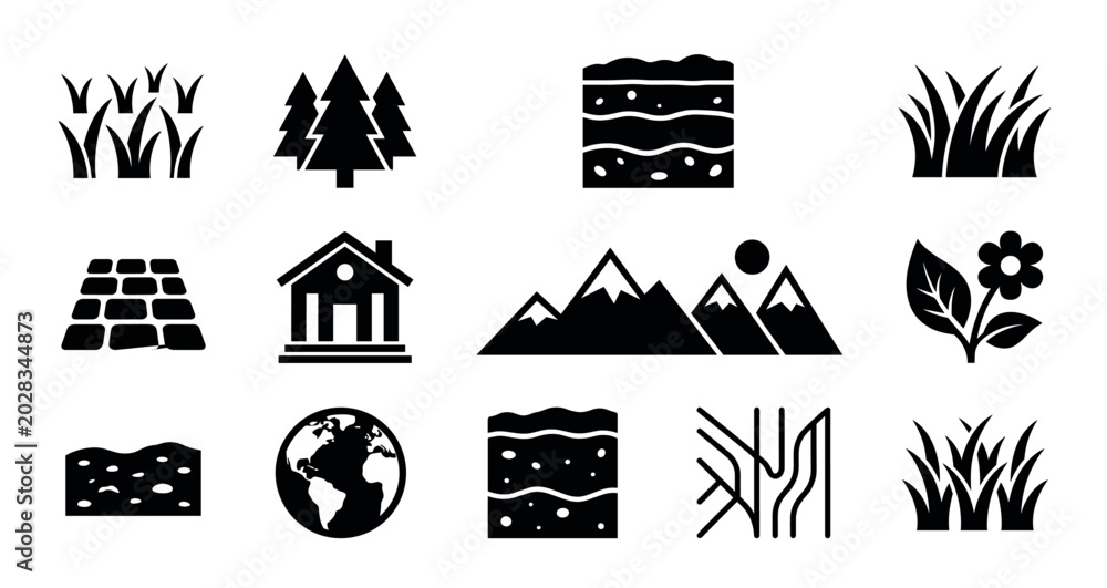 Obraz premium Set of twelve black nature and environment icons including grass, trees, soil layers, mountains, a house, and the planet Earth, presented in a simple flat glyph style