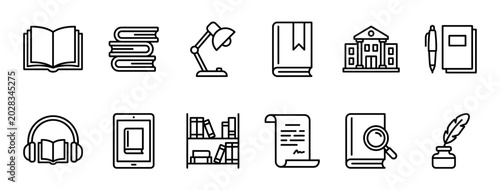 Black line art icon set for education and reading themes, featuring a library, audiobook, e-reader, quill, magnifying glass, and other learning symbols in a clean minimalist style