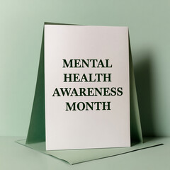 A white card with "MENTAL HEALTH AWARENESS MONTH" printed in dark green text, standing upright on a light green surface.