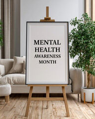A framed poster on a wooden easel displaying "MENTAL HEALTH AWARENESS MONTH" in a modern living room setting.
