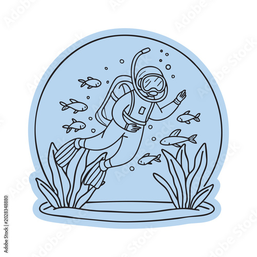 Underwater Diver with Tropical Fish Sticker Doodle Illustration