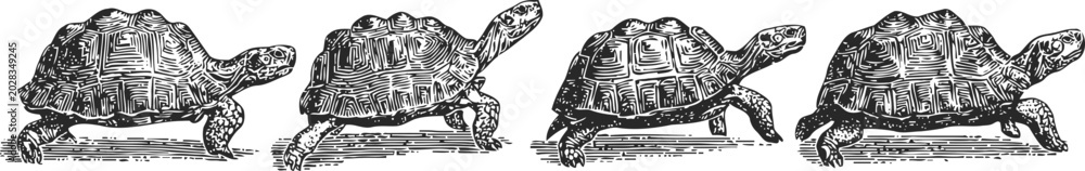 Obraz premium vintage engraving of four tortoises in different walking poses