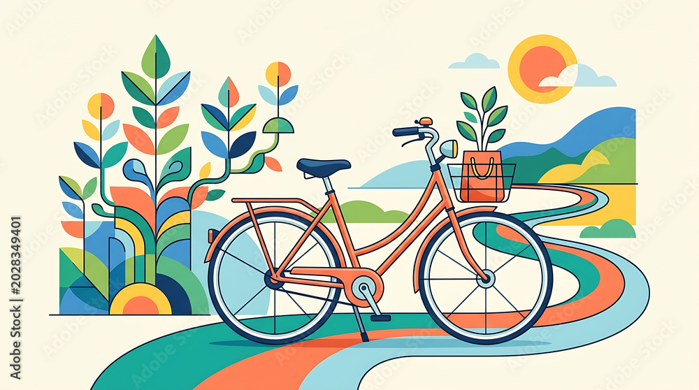 Fototapeta premium Scenic world bicycle day art with a bike on a winding path