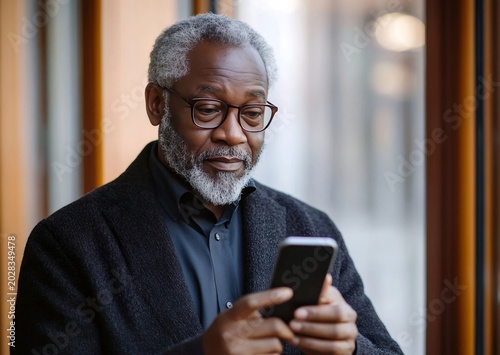 An elderly black man with glasses is looking down at his smartphone while wearing a dark jacket.