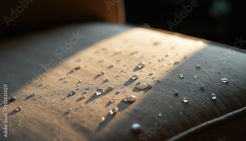 Water drops sit on a woven fabric surface. The material seems to repel liquid creating a barrier. This texture shows textile protection against moisture and stains.