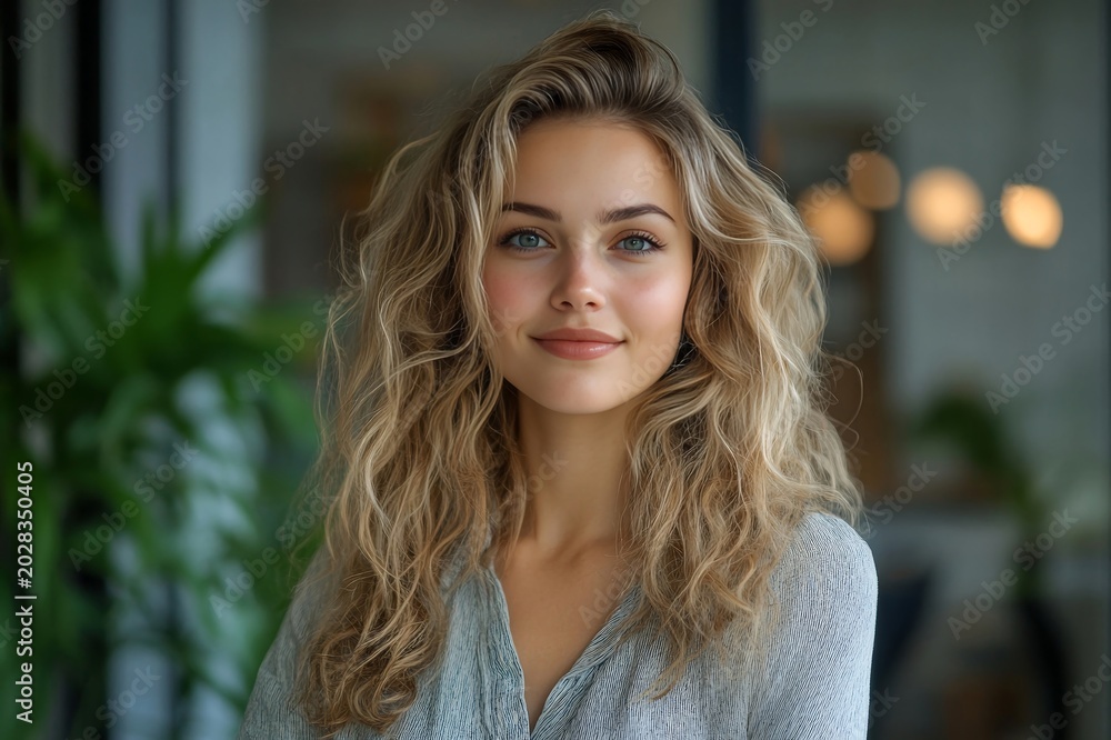 Obraz premium Beautiful young woman with long, curly blonde hair and blue eyes smiles gently at the camera in a softly lit indoor setting.