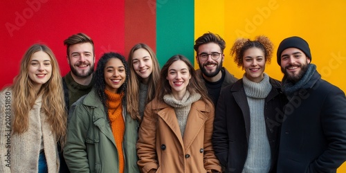 Diverse group of young adults stands together in front of a vibrantly colored wall, all smiling and looking at the camera.
