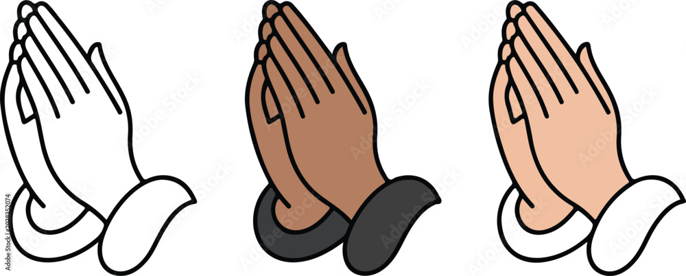 Fototapeta premium Minimalist praying hands vector illustration set with diverse skin tones and line art style for spiritual and religious design themes
