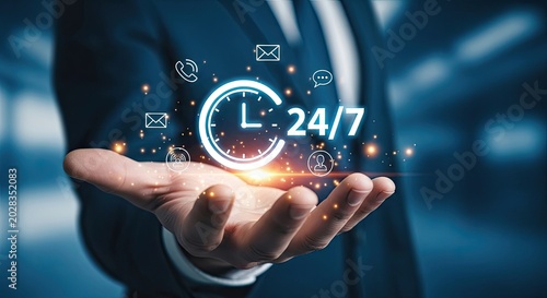 Businessman holding hand palm up with 24/7 service icons and clock floating above, representing customer support and availability