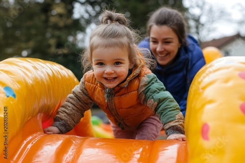Happy toddler crawls on an inflatable playground structure with a smiling mother watching from behind.