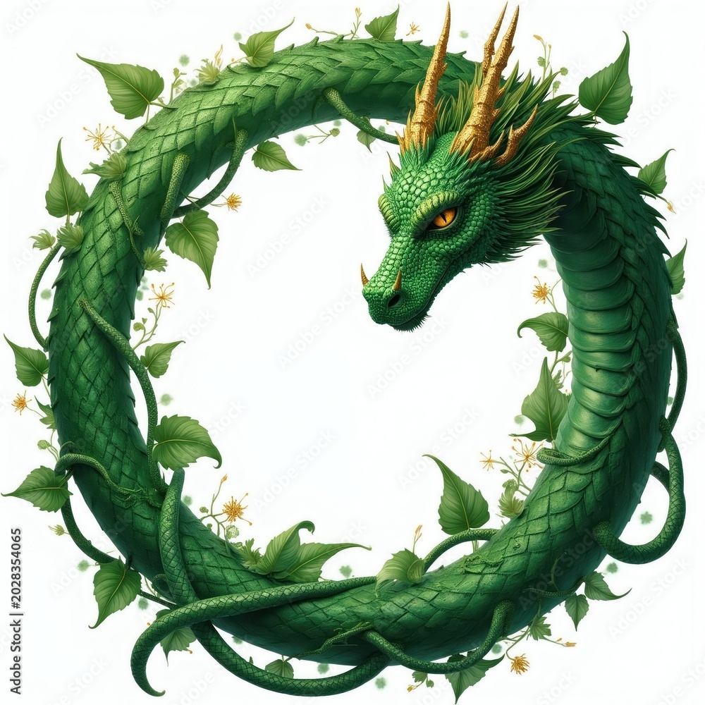 Obraz premium Green dragon forms circle with golden horns, orange eyes. Rich leaves, vines entwined around scaly body. Small yellow flowers bloom on white background. Majestic creature heralds good fortune,