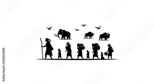 Family walking with luggage and animals.