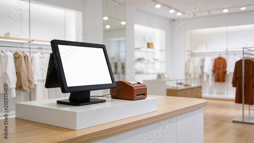 A cashier's desk with a computer screen and a cash register sits at the front of a modern clothing store with racks of clothes and shelves in the background.