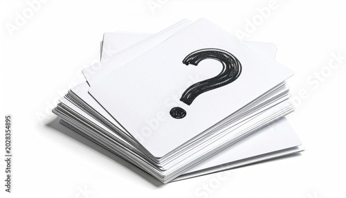 Stack of blank white cards with a hand-drawn black question mark on the top card