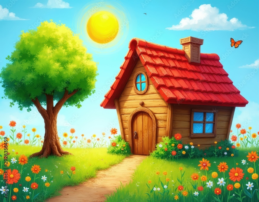 Fototapeta premium Cute cartoon house with red roof sits on green grass field. Bright sun shines over tree. Colorful flowers bloom. Butterfly flies near house. Peaceful summer day illustration for children stories.