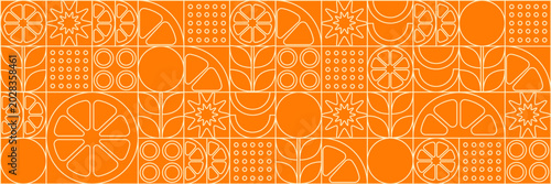 Orange fruit abstract geometric pattern in minimalism style. Geometric line drawing. Natural organic shapes of plants, eco farming. Designer fabric, card, wrapping paper, cover.