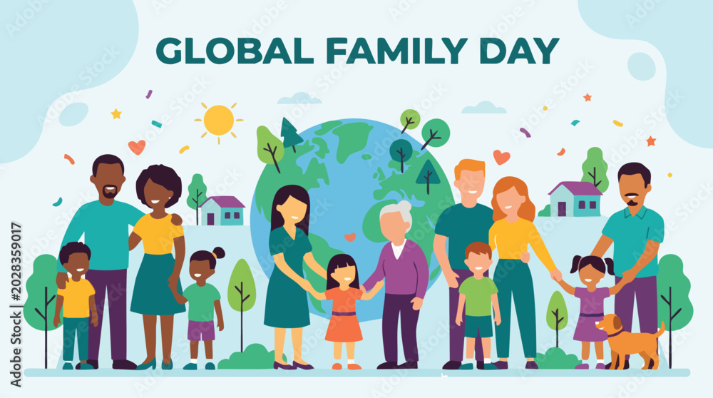Fototapeta premium Diverse family group in flat illustration style with colorful vibrant lighting for Global Family Day celebration