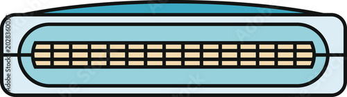 Canvas Print Blue harmonica showing mouthpiece and comb used for playing music