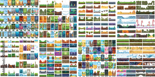Tableau sur toile Retro pixel art game level kit, 2D platformer environment assets with parallax b