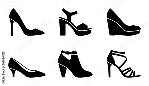 Foto Six Black Silhouette Shoe Icons, Fashion Footwear Collection, Elegant Heels and