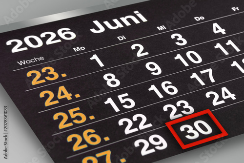 Deutscher Kalender Datum 30. Juni  2026  Dienstag