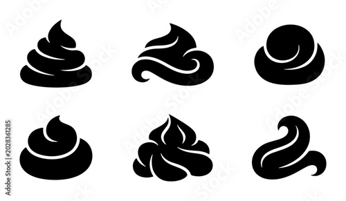 Tableau sur toile Six Black Poop Icons, Vector Graphics, Funny Symbols, Cute Emoji, Stylized Waste