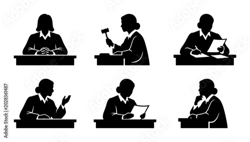 фотографія Judge Silhouettes, Legal Gavel, Courtroom Actions, Justice Icons, Law Vector Set
