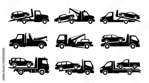 Photos Tow Truck Icons Set, Vehicle Recovery Service, Car Transport Silhouettes, Roadsi
