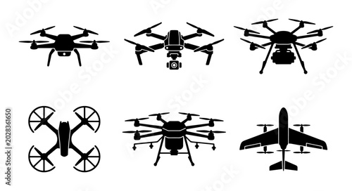 Quadro em tela Drone Icons Set, Aerial Vehicle Silhouettes, Quadcopter & Airplane Vector Graphi
