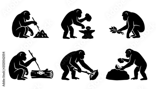 Canvastavla Primate Evolution Icons, Ape Tool Use Silhouettes, Early Human Ancestor Developm