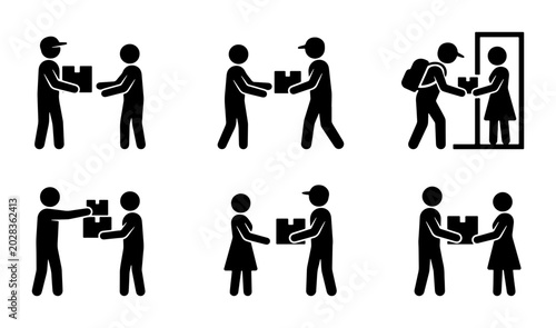 Konstfotografi Delivery Service Icons, Package Handover Pictograms, Courier and Recipient Stick
