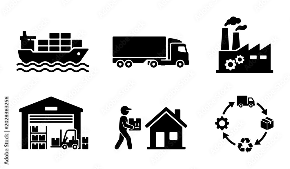 Fototapeta premium Logistics Icons: Shipping, Truck, Factory, Warehouse, Delivery, Supply Chain Icons