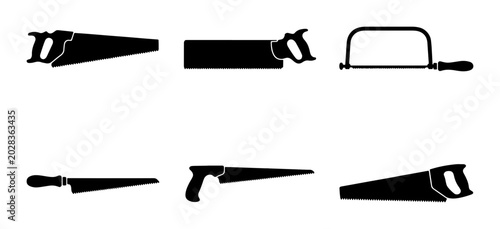 Canvastavla Set of Six Black Saw Icons, Hand Tools Collection, Woodworking Equipment, Vector